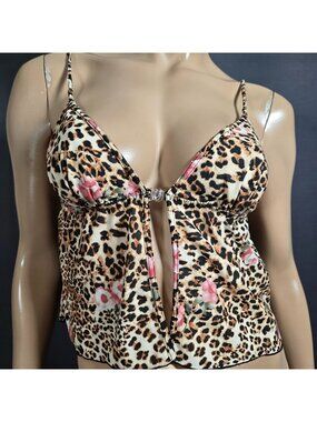 Vintage 70s Leopard Floral Mesh Top Split Front Babydoll Camisole S/M Fagioni